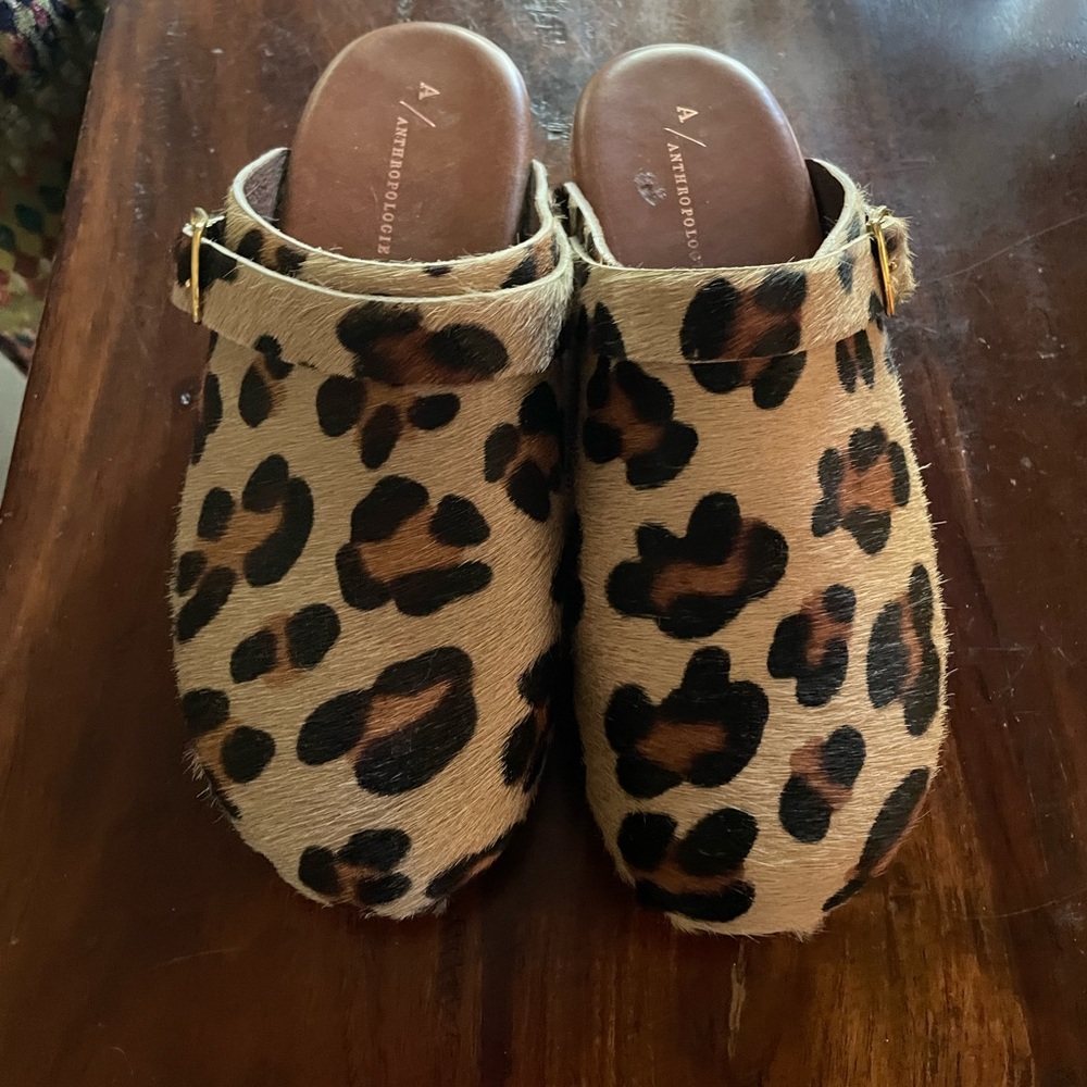 Anthropologie Brown and Black Mules with Leopard Print
